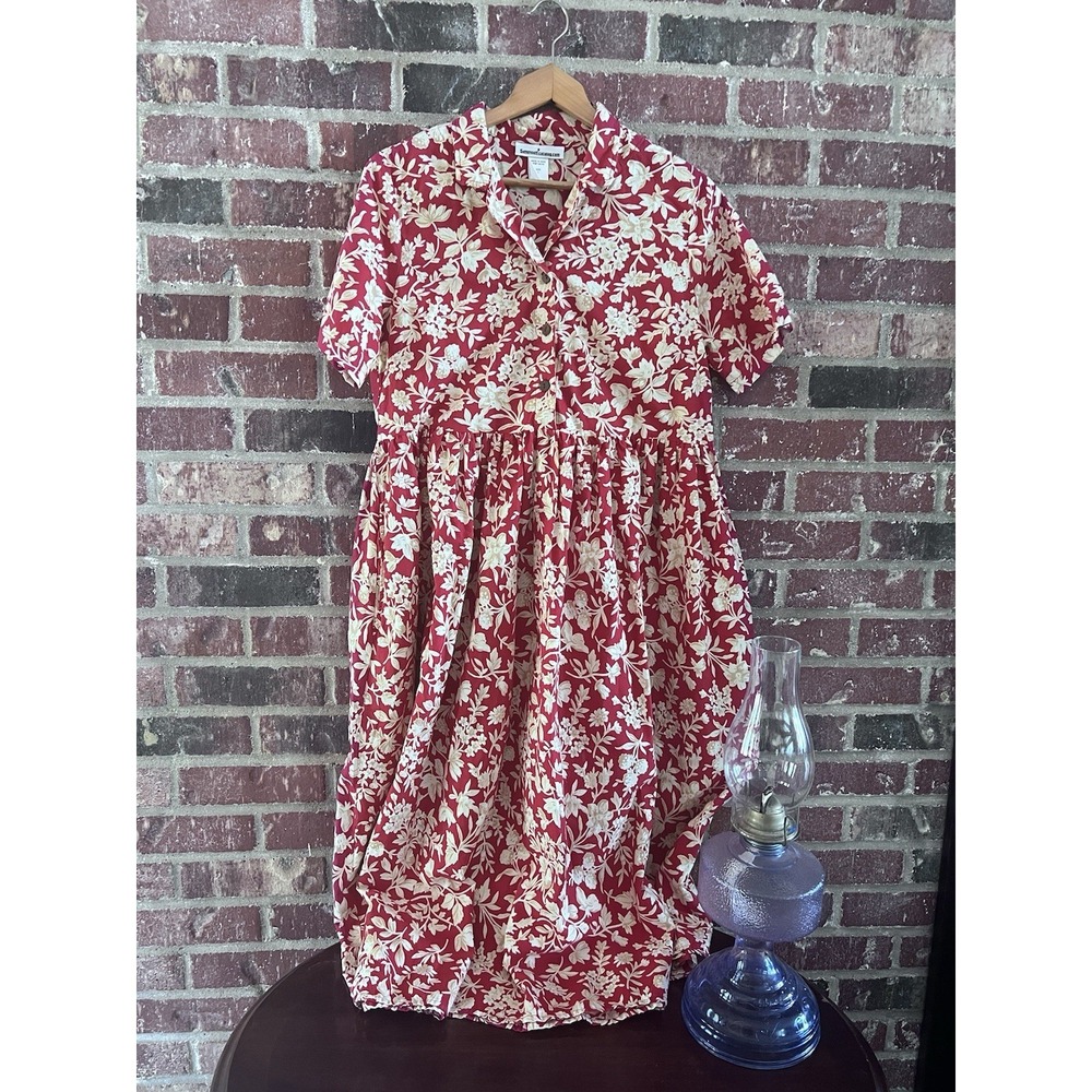 Serengeti Red Tan Floral Shirt Dress Garden Spring‎ Summer Retro  Size L